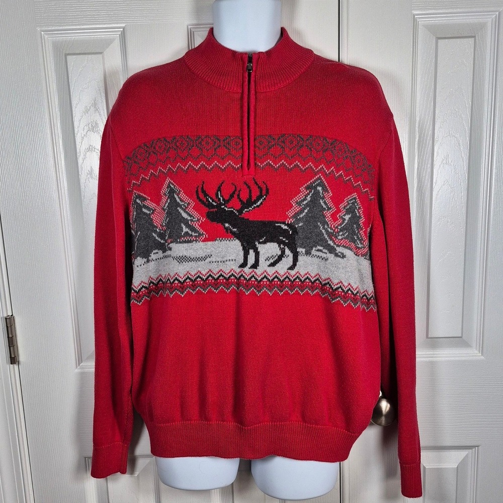 Chaps‎ red reindeer winter Christmas holiday quarter zip sweater men's XL